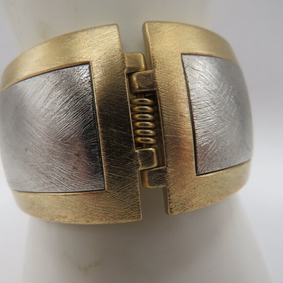 Vintage Bracelet Brushed Silver Gold Tone Hinged Cuff Clamper Bracelet - Picture 6 of 11